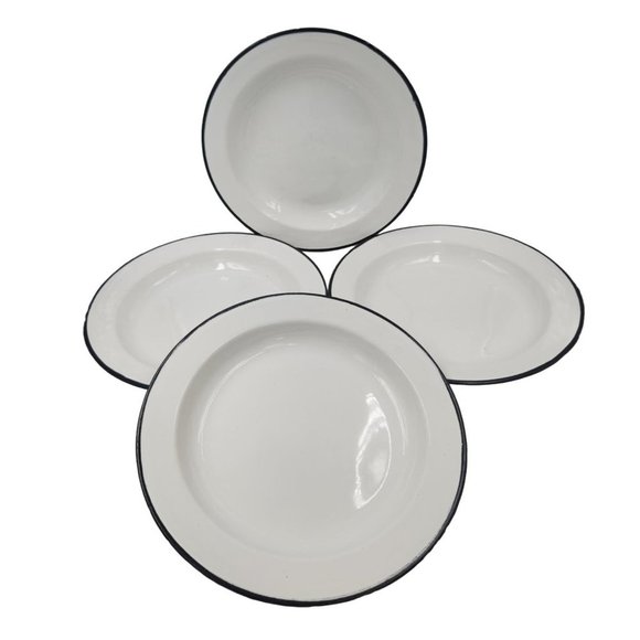 Enamelware Dining Vintage Enamelware Dinner Plates Blue Rim White 8